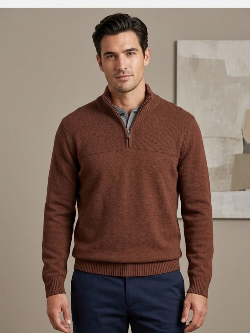 100% Cotton Dockers Men's Zip-Neck Sweater in Rich Brown Large